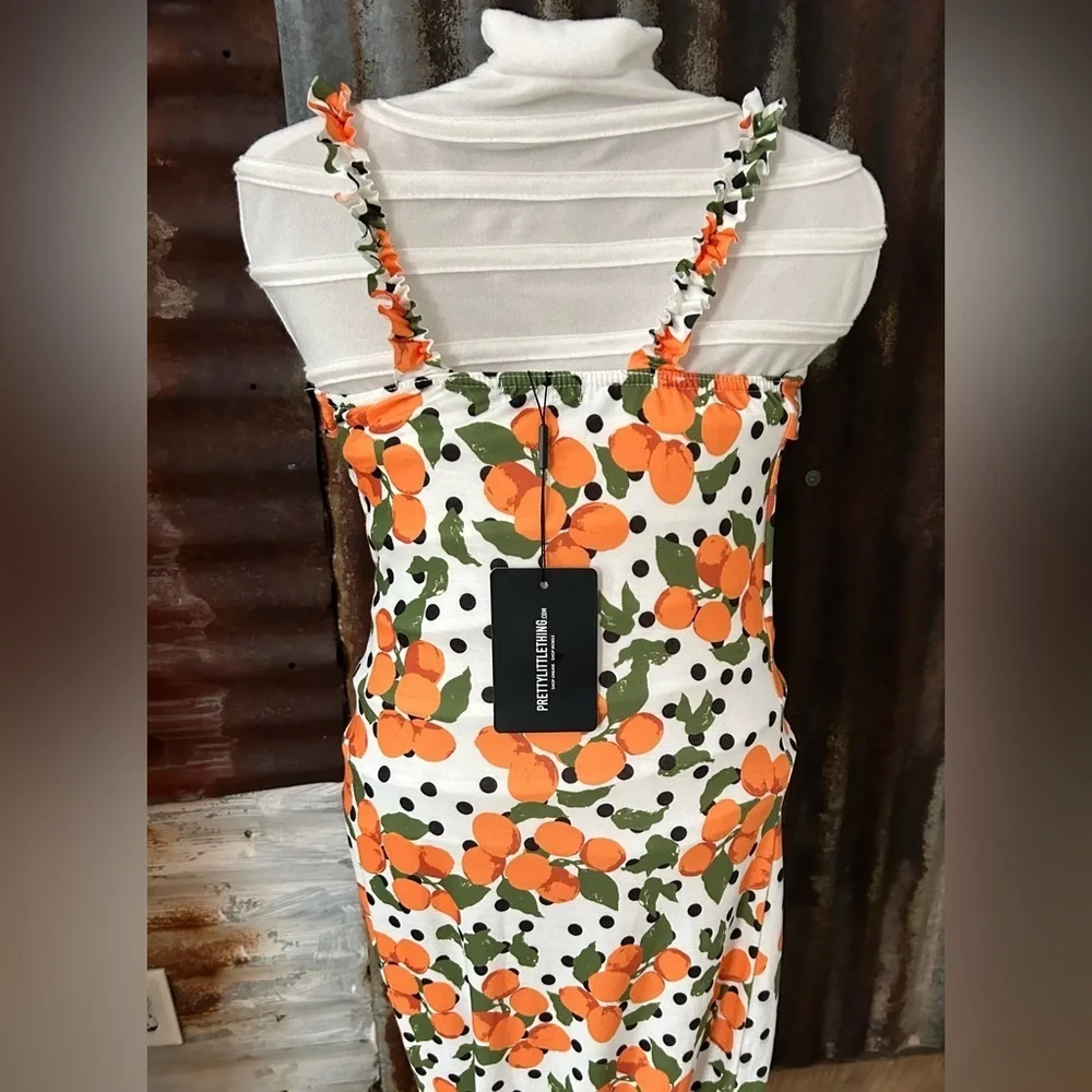 NWT-PrettyLittleThing Orange Print Polka Dot Dress - Picture 4 of 9